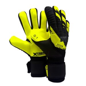 Warrior X-Grippy gloves backhand with 3D latex punch zone, Warrior X-Grippy Kids goalkeeper gloves Black & Gold edition front view