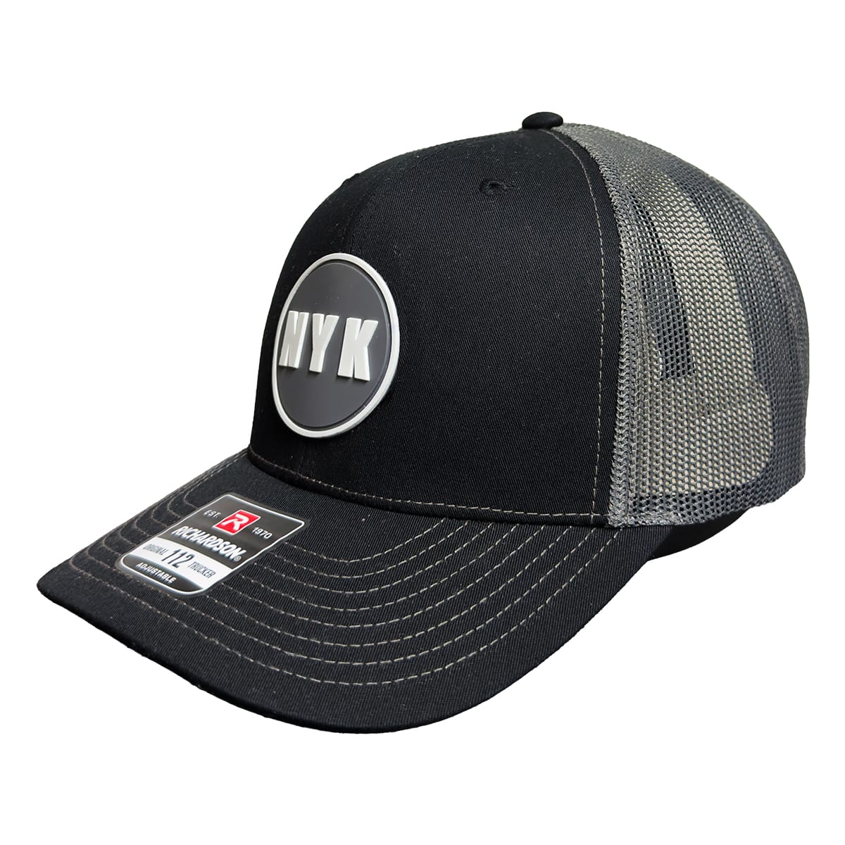 112 TRUCKER-FRONT NYK Richardson 112 trucker hat black charcoal front rubber logo